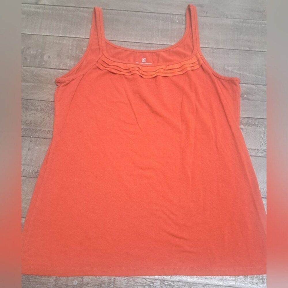 New York & Company Womens XL Orange Tank Top Pleated Neck Stretch Sleeveless